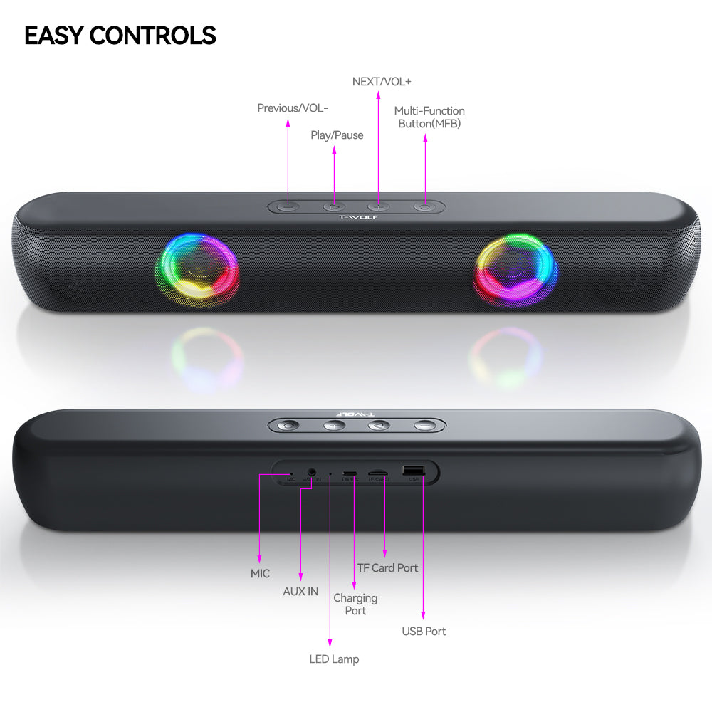 BT320 RGB Bluetooth Speaker – Dual 5W Stereo, TWS, Wireless Soundbar with Colorful Lights